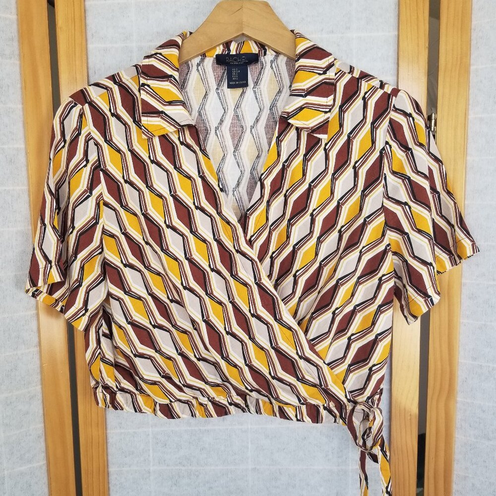 RACHEL Rachel Roy Linen Brown Yellow Geometric Design Wrap Crop Top Size Small